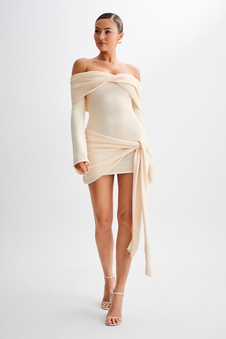 Victoria Off Shoulder Tie Knit Mini Dress - Cream Marle