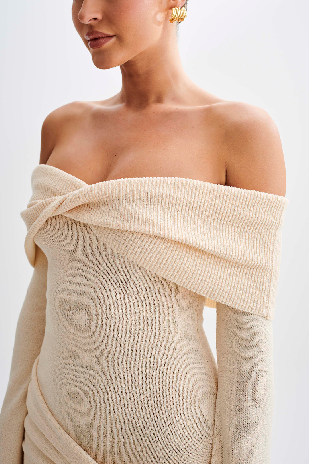 Victoria Off Shoulder Tie Knit Mini Dress - Cream Marle