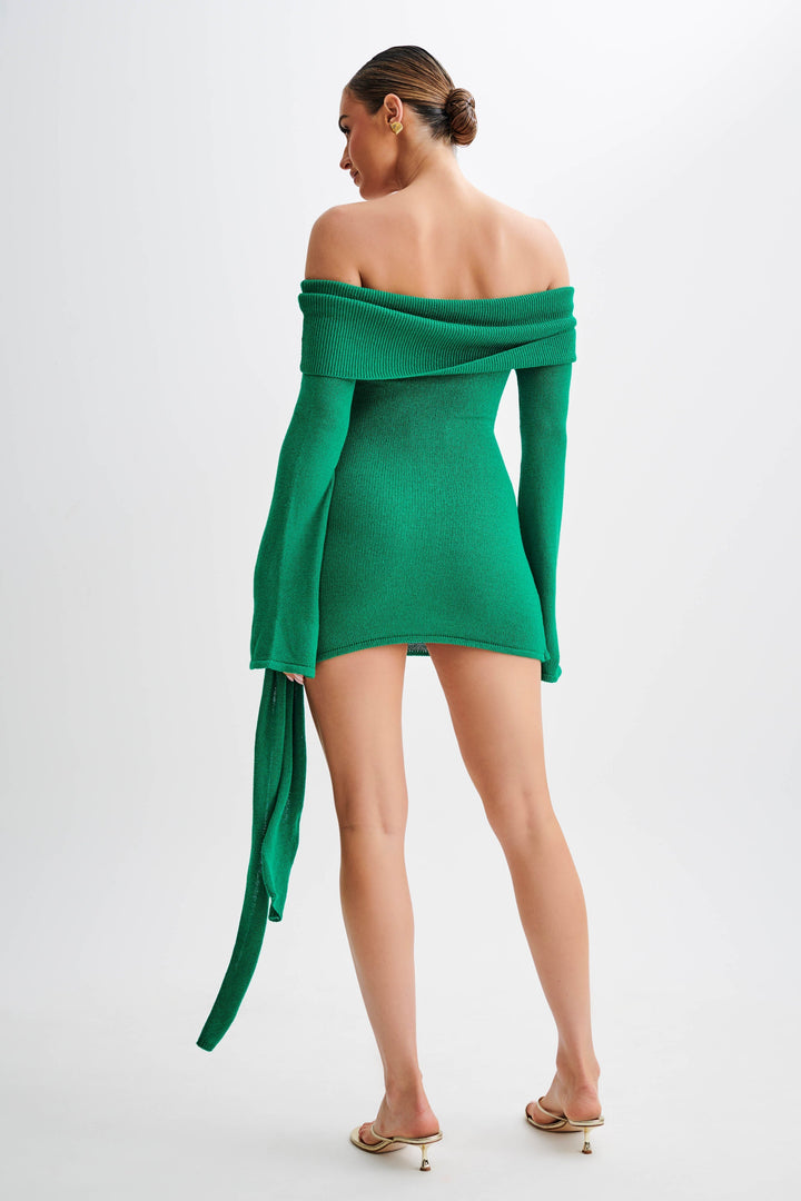 Victoria Off Shoulder Tie Knit Mini Dress - Green