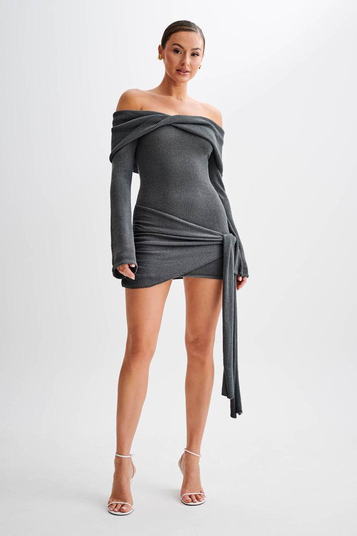 Victoria Off Shoulder Tie Knit Mini Dress - Charcoal