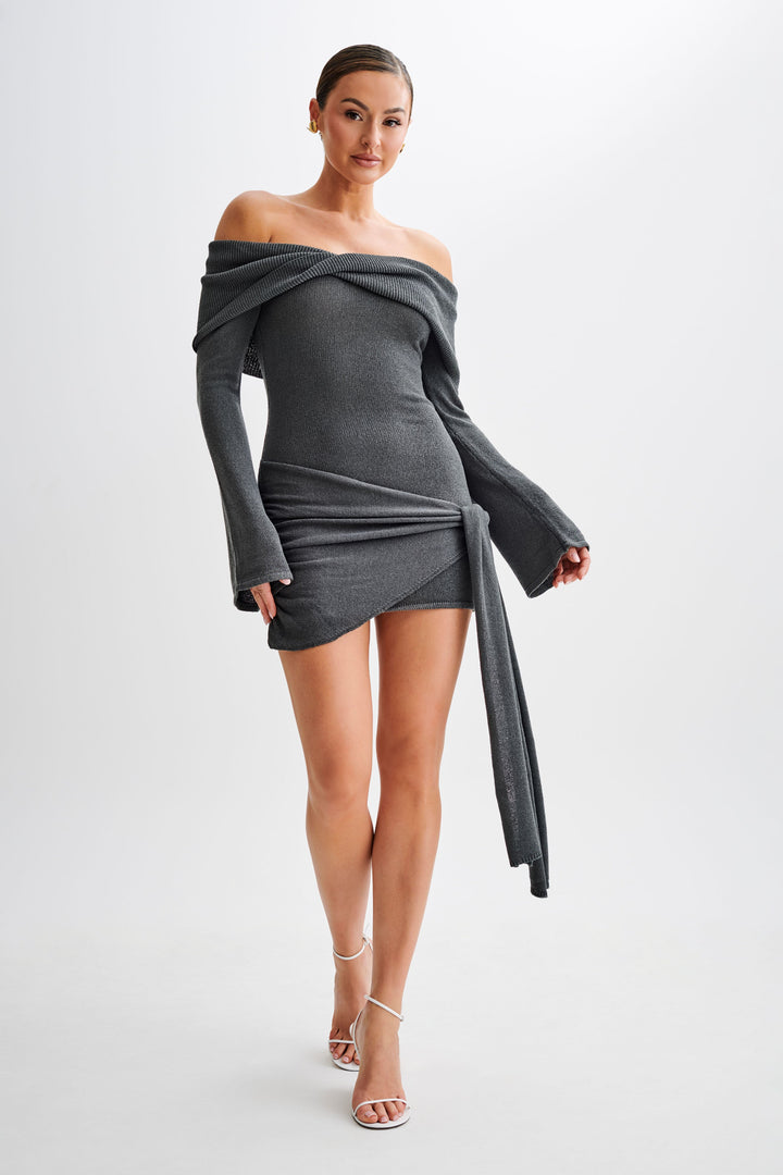Victoria Off Shoulder Tie Knit Mini Dress - Charcoal