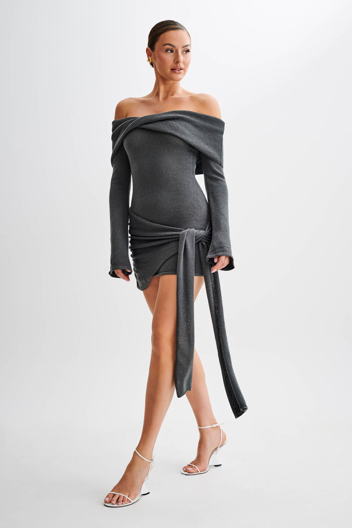 Victoria Off Shoulder Tie Knit Mini Dress - Charcoal