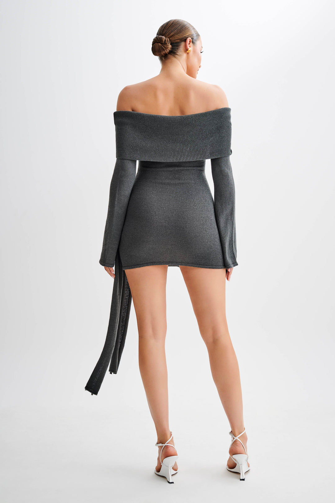 Victoria Off Shoulder Tie Knit Mini Dress - Charcoal