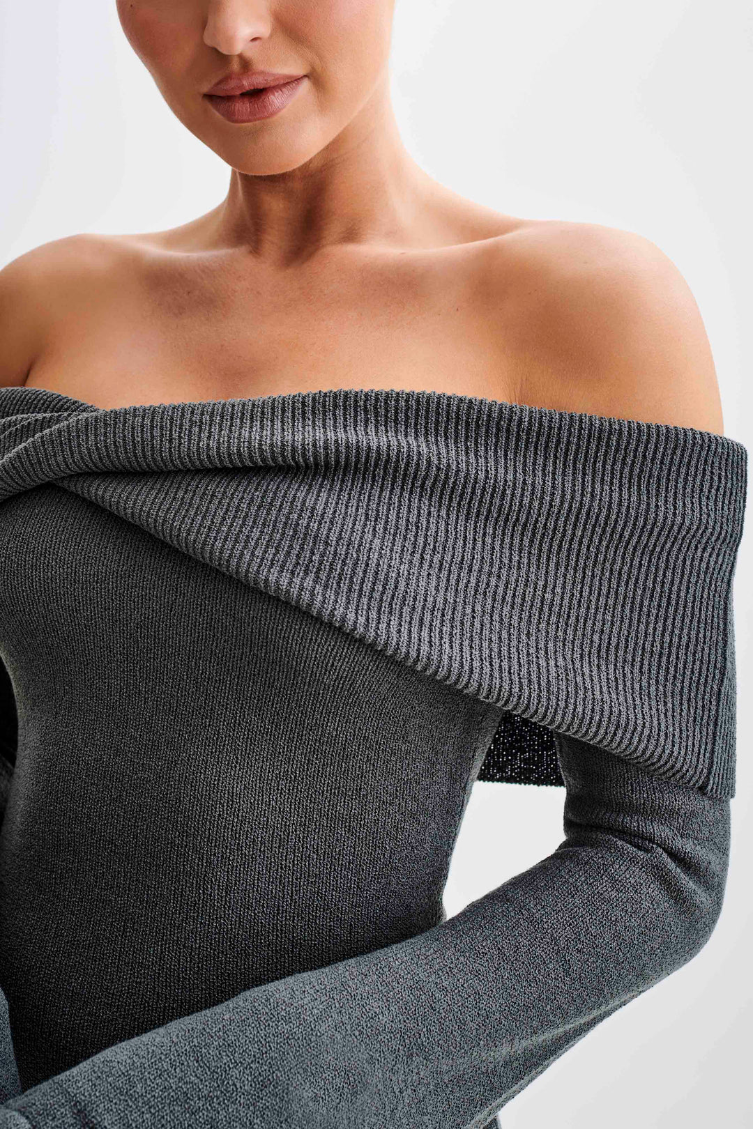 Victoria Off Shoulder Tie Knit Mini Dress - Charcoal