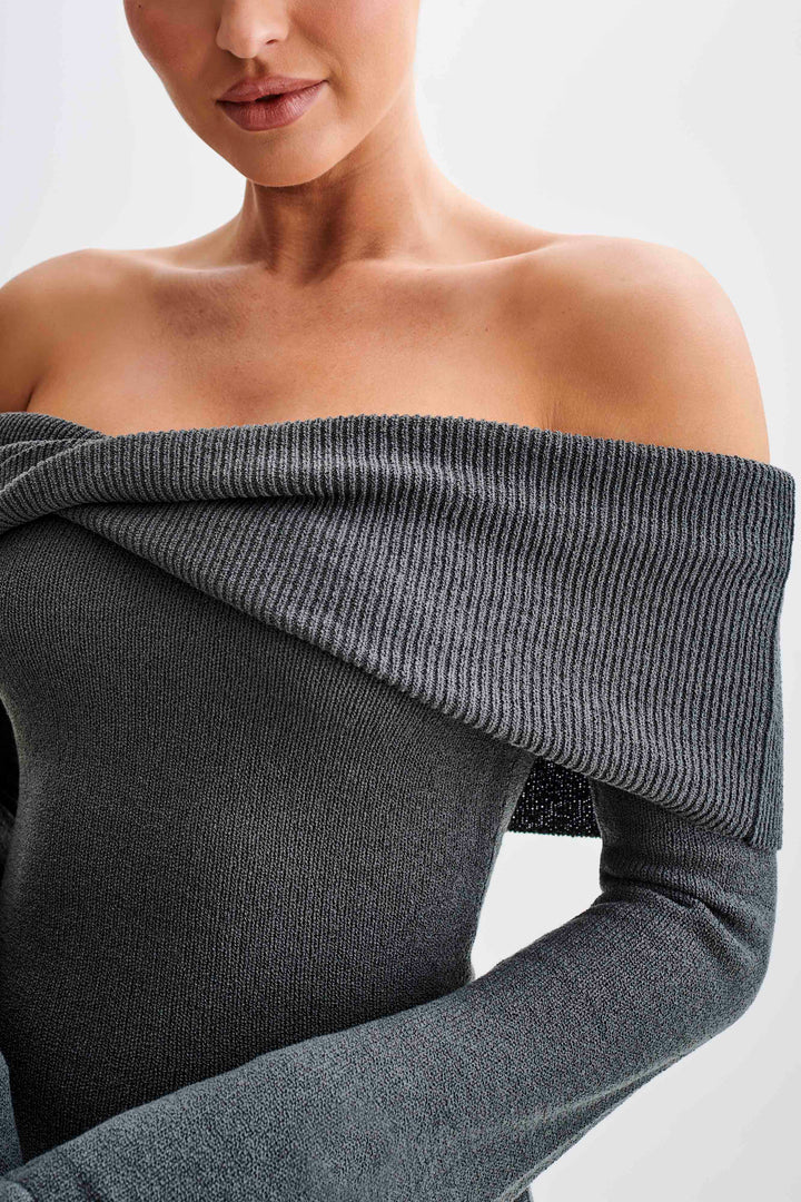 Victoria Off Shoulder Tie Knit Mini Dress - Charcoal