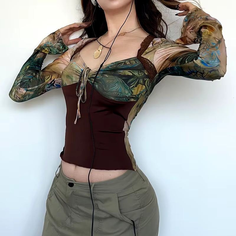 90S Vintage Crop Top Women Drawstring Bandage Patchwork Full Sleeve Square Collar T Shirt Grunge Y2K Print Shirts Autumn