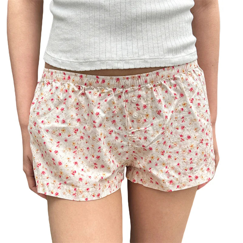 Y2K Shorts Women Fairycore Clothing Floral/Plaid Print Elastic Low Waist Lounge Boxers Shorts Hot Pants Streetwear
