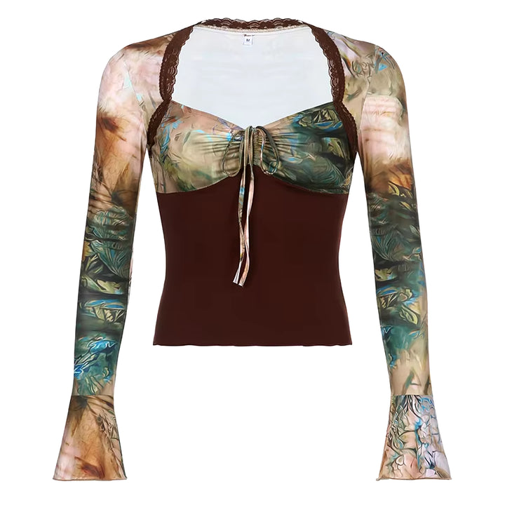 90S Vintage Crop Top Women Drawstring Bandage Patchwork Full Sleeve Square Collar T Shirt Grunge Y2K Print Shirts Autumn