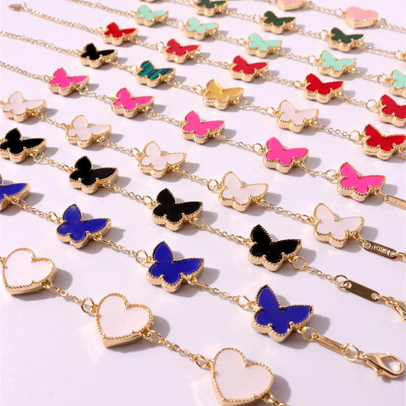 HUANZHI Colorful Butterfly Flower Heart Bracelet for Women Girl Link Chain Adjustable Double Sided Party Charm Jewelry Wholesale