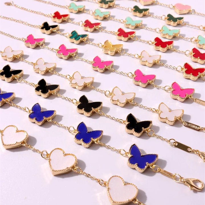 HUANZHI Colorful Butterfly Flower Heart Bracelet for Women Girl Link Chain Adjustable Double Sided Party Charm Jewelry Wholesale