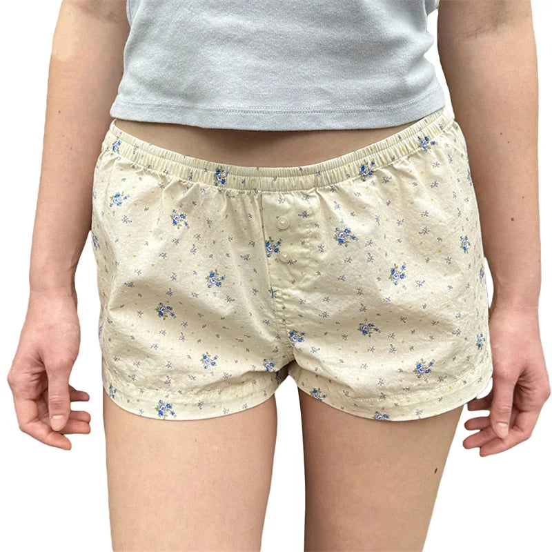 Y2K Shorts Women Fairycore Clothing Floral/Plaid Print Elastic Low Waist Lounge Boxers Shorts Hot Pants Streetwear