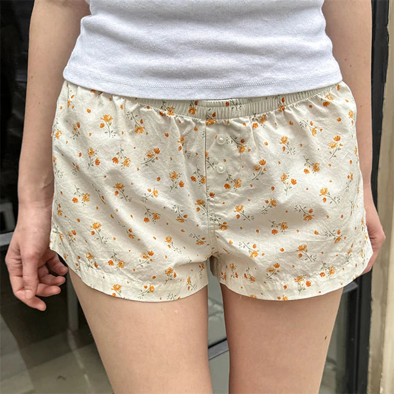 Y2K Shorts Women Fairycore Clothing Floral/Plaid Print Elastic Low Waist Lounge Boxers Shorts Hot Pants Streetwear